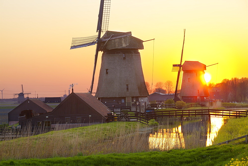 Windmills at sunset, Schermerhorn, North Holland, Netherlands, Europe