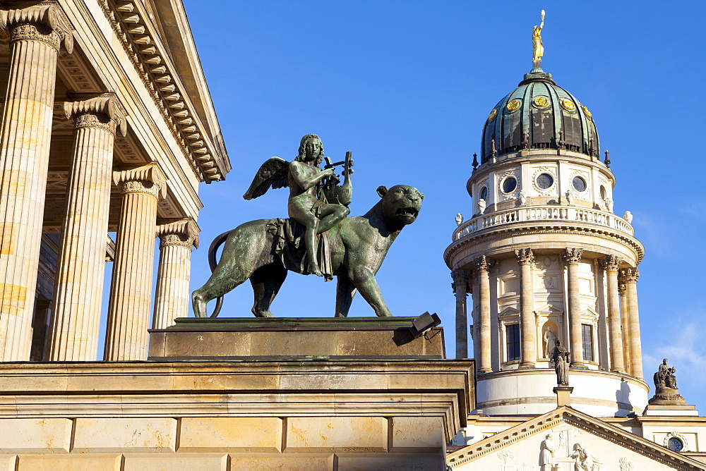 Sculpture of Tieck with the Theatre and Franzosisch (French) Church in the background, Gendarmenmarkt, Berlin, Germany, Europe 