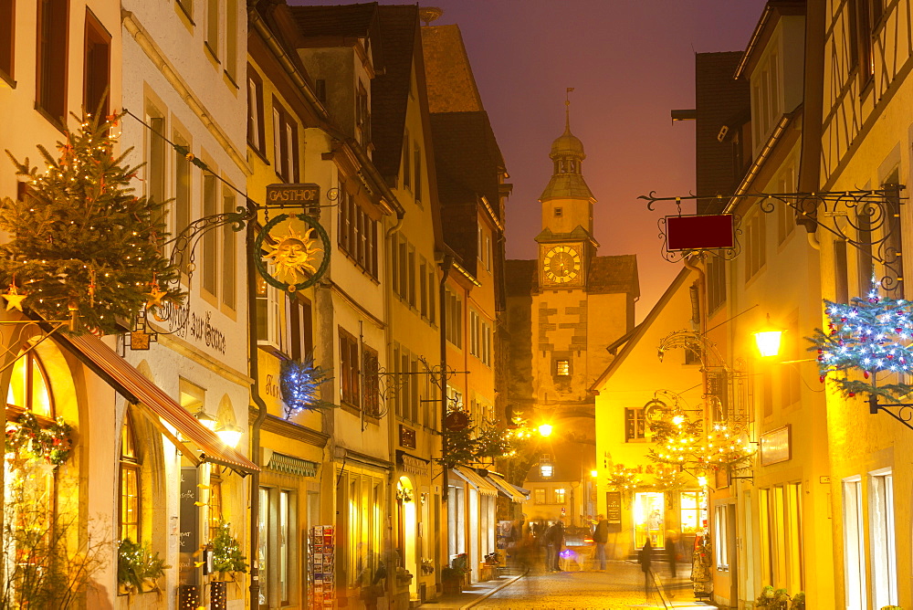 Hafengasse Street and the Markusturm at Christmas, Rothenburg ob der Tauber, Bavaria, Germany, Europe