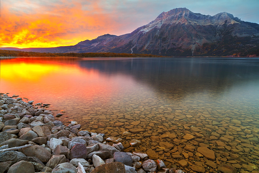 Sunrise at Driftwood Beach with Vimy Peak in the background, Waterton Lakes National Park, Alberta, Canada, North America