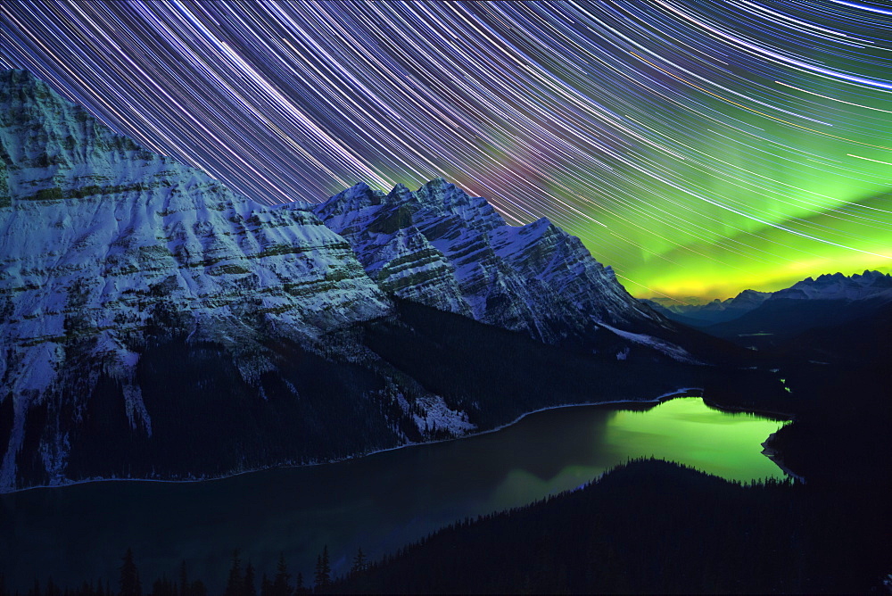 Star Trails and Northern Lights over Peyto Lake, Banff National Park, UNESCO World Heritage Site, Rocky Mountains, Alberta, Canada, North America