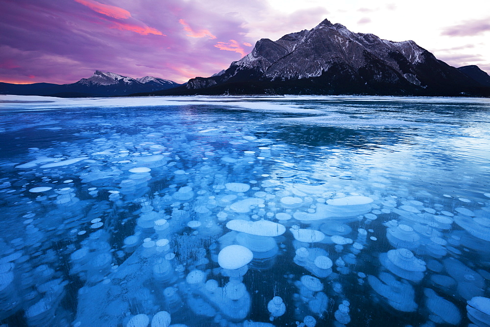 Bubbles and Cracks in the Ice with Mount Michener and Kista Peak in the Background at Sunrise, Abraham Lake, Alberta, Canada, North America