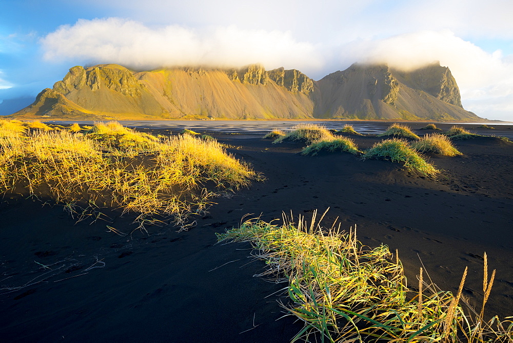 Mount Vestrahorn shrouded in clouds, Stokksnes, Iceland, Polar Regions