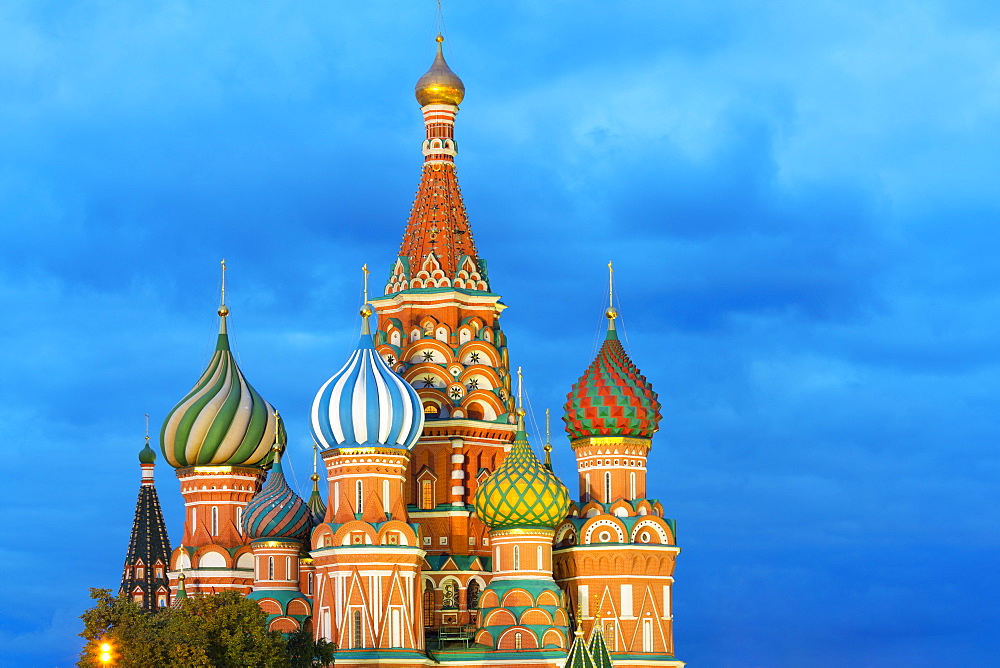 St. Basil's Cathedral lit up at night, UNESCO World Heritage Site, Moscow, Russia, Europe