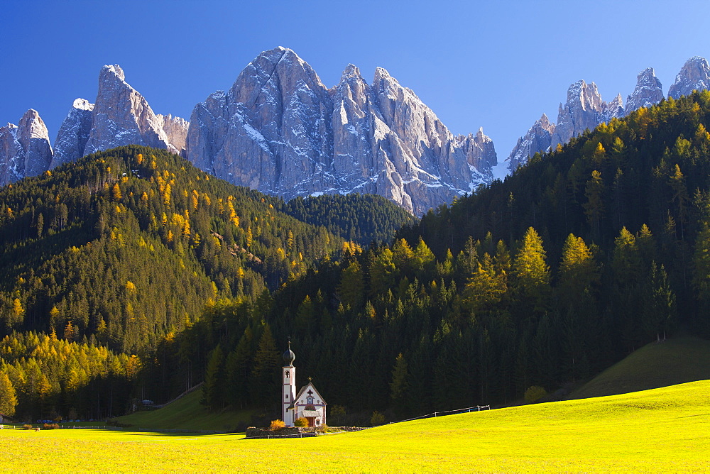 Saint Johann Church, near Saint Magdalena, Val di Funes, Dolomites, Trentino-Alto Adige, South Tirol, Italy, Europe 