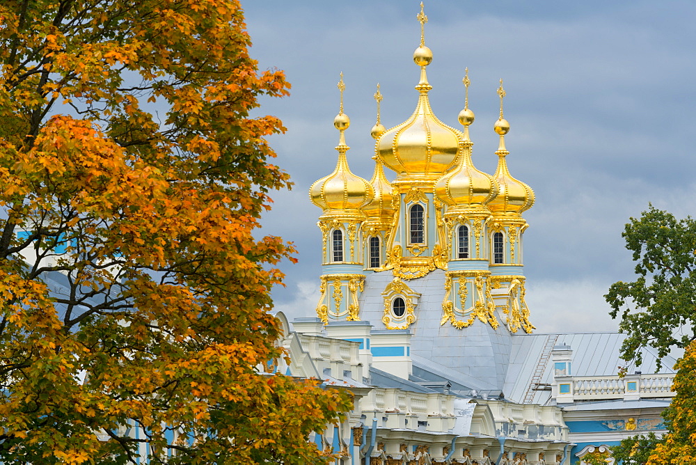 View of the domes of the Chapel of the Catherine Palace, UNESCO World Heritage Site, Pushkin, near St. Petersburg, Russia, Europe