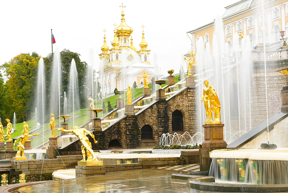 The Grand Cascade in front of the Grand Palace, Peterhof, UNESCO World Heritage Site, near St. Petersburg, Russia, Europe