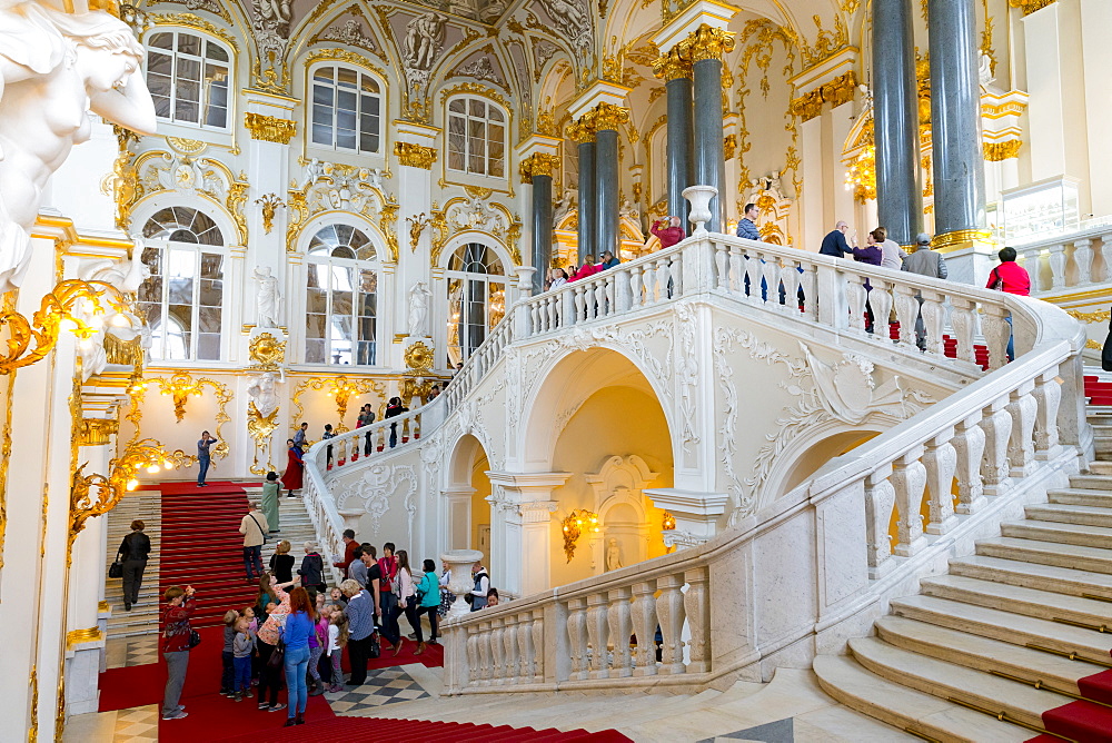 The Jordan Staircase, interior of the Winter Palace, State Hermitage Museum, UNESCO World Heritage Site, St. Petersburg, Russia, Europe