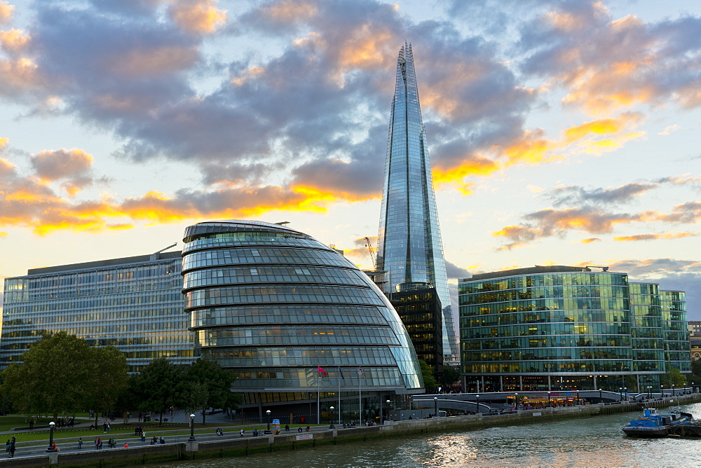 View of the Shard and City Hall at sunset, London, England, United Kingdom, Europe