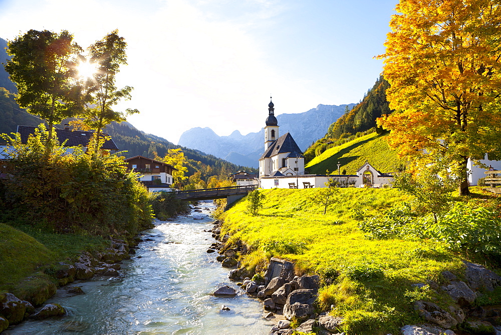 Ramsau Church in autumn, Ramsau, near Berchtesgaden, Bavaria, Germany, Europe 