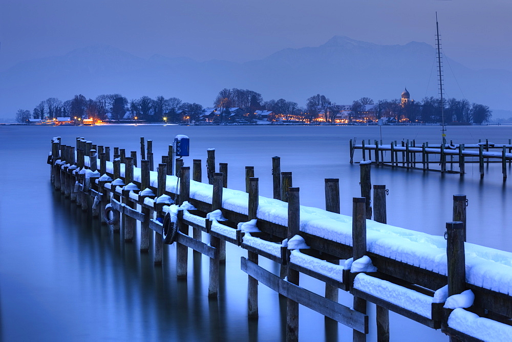 View of Frauen Island from the shore of Lake Chiemsee, Bavaria, Germany, Europe 