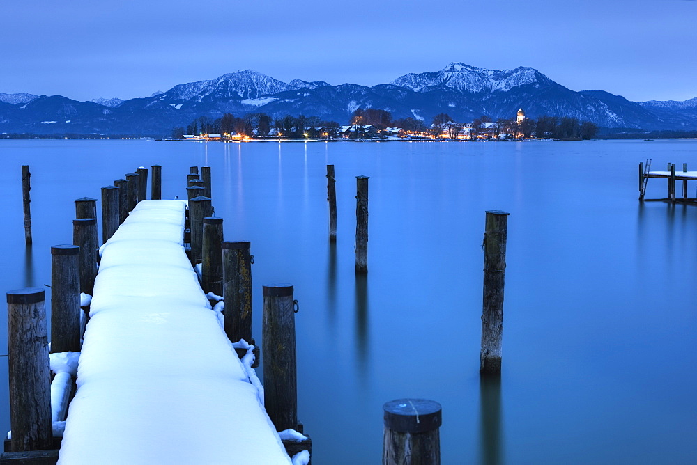 View of Frauen Island from the shore of Lake Chiemsee, Bavaria, Germany, Europe 