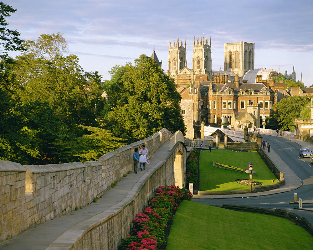 Old city wall and York Minster, York, Yorkshire, England, United Kingdom, Europe