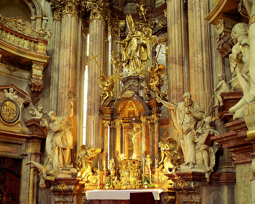 Interior and altar of St. Nicholas church in Prague, Czech Republic, Europe