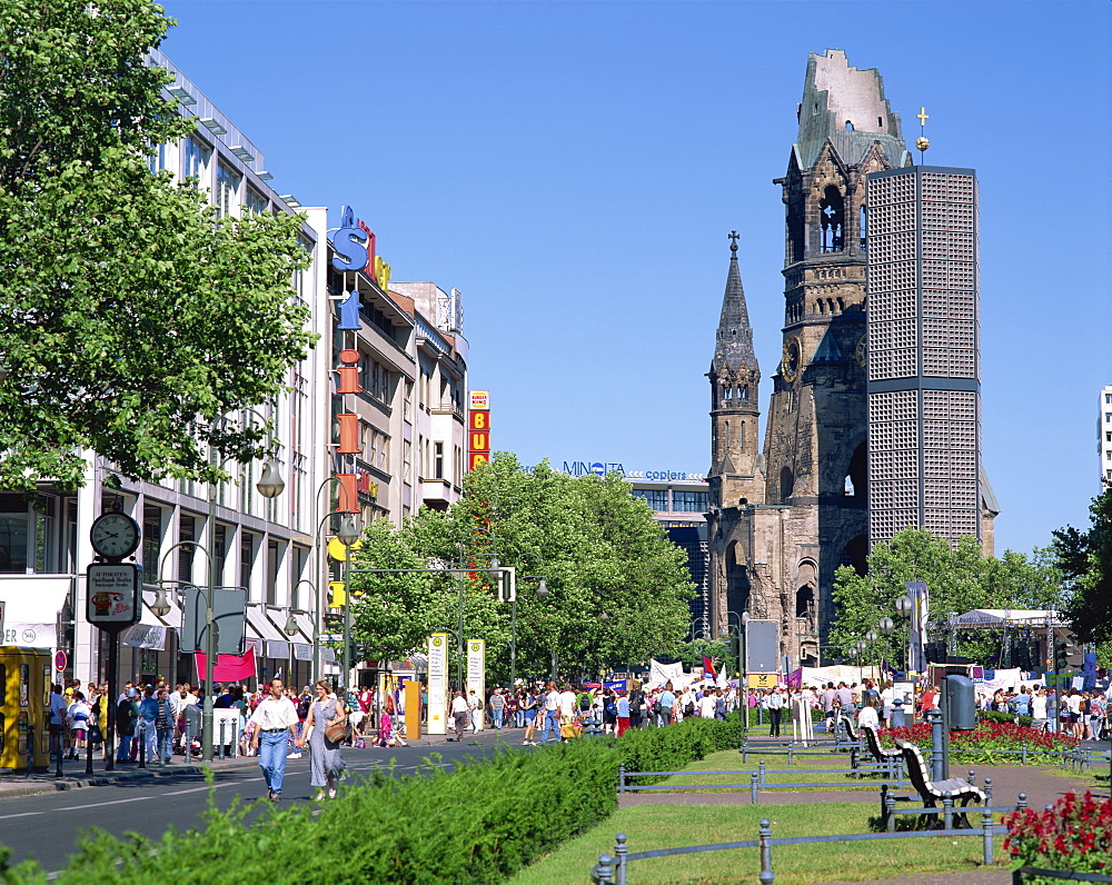 The Kaiser Wilhelm memorial church and the Kurfurstendam in Berlin, Germany, Europe