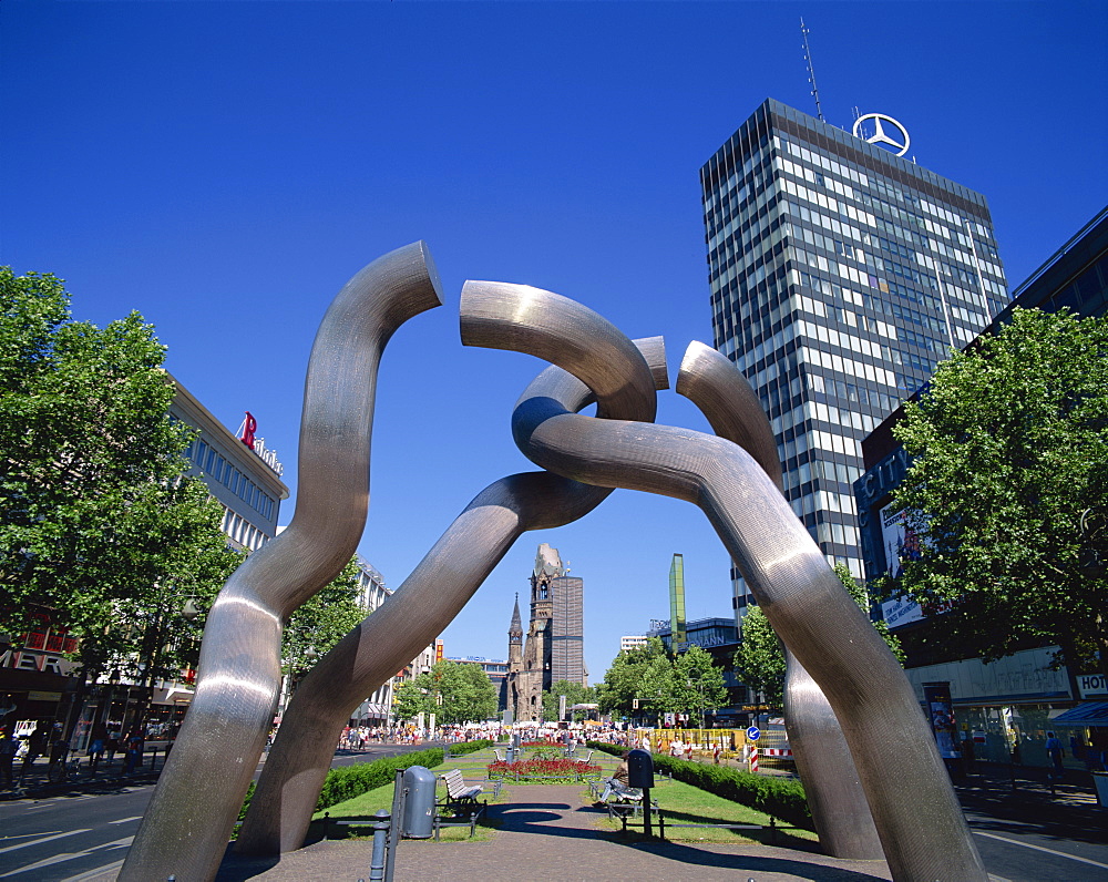 The Remembrance Church seen through modern sculpture, Kurfurstendam, Berlin, Germany, Europe