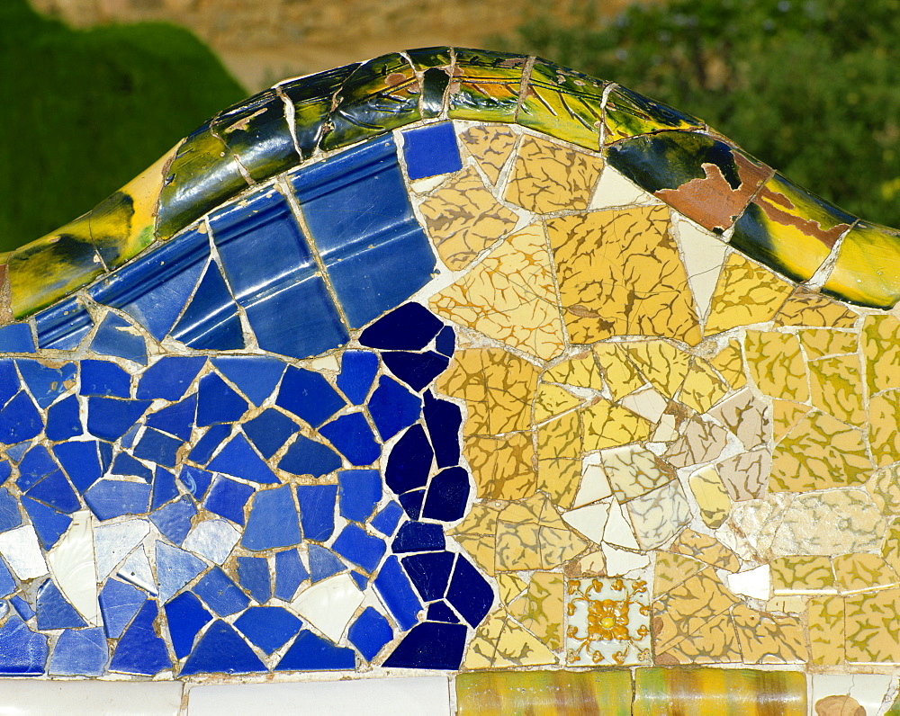 Gaudi mosaics, Guell Park, Barcelona, Catalonia, Spain, Europe