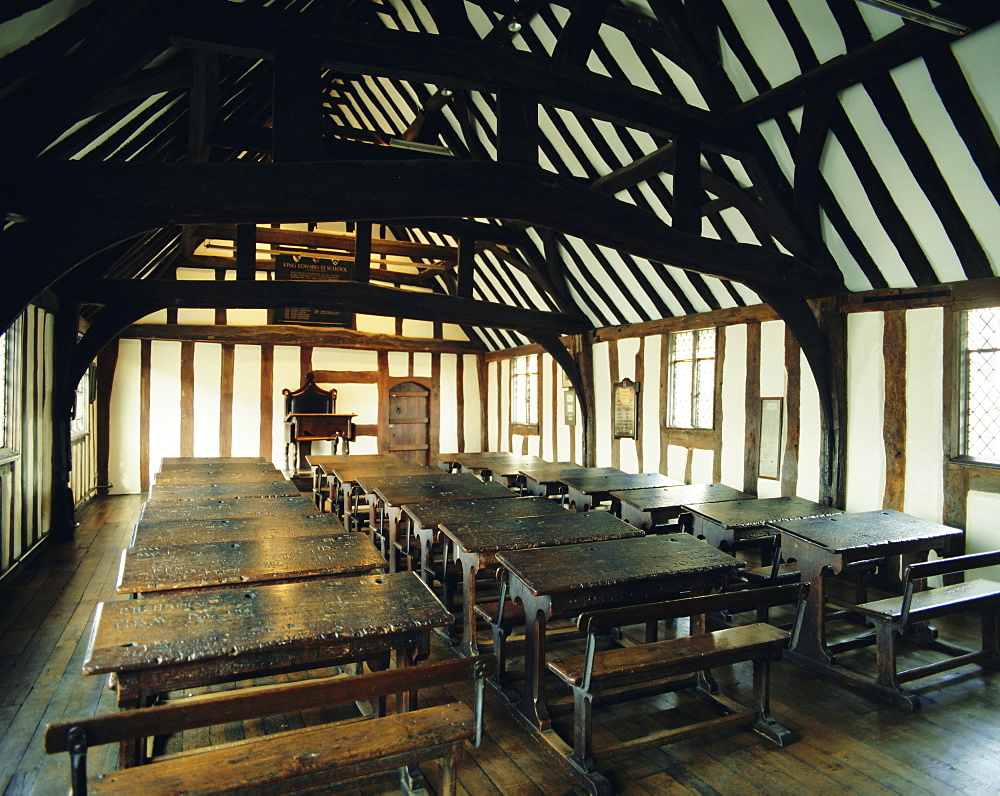 Interior of schoolroom where William Shakespeare was educated, Stratford-upon-Avon, Warwickshire, England, UK, Europe