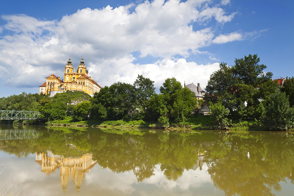 Melk Abbey reflected in the River Danube, Wachau, Lower Austria, Austria, Europe 