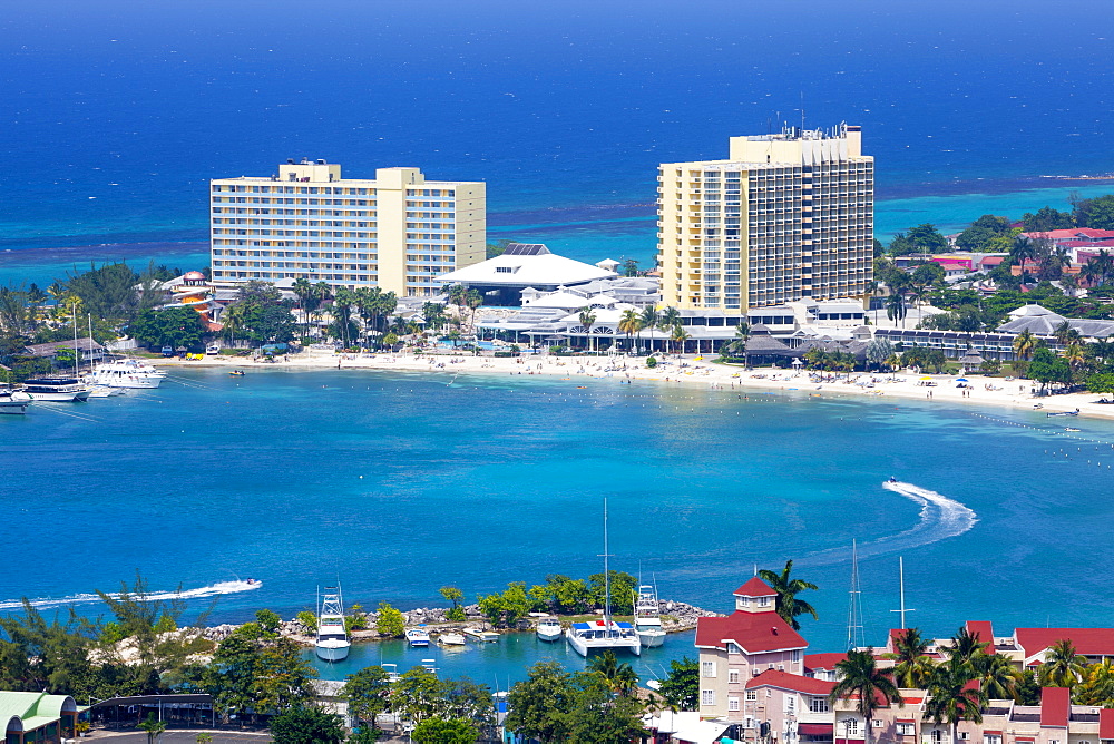 Elevated view over city and coastline, Ocho Rios, Jamaica, West Indies, Caribbean, Central America 