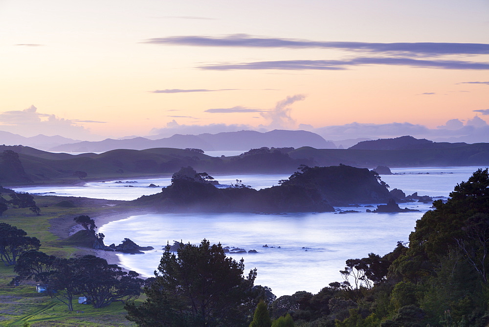 Idyllic Northland coastline illuminated at sunset, Northland, North Island, New Zealand, Pacific