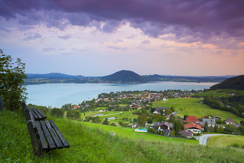 Elevated view over picturesque Weyregg am Attersee illuminated at dawn, Attersee, Salzkammergut, Austria, Europe