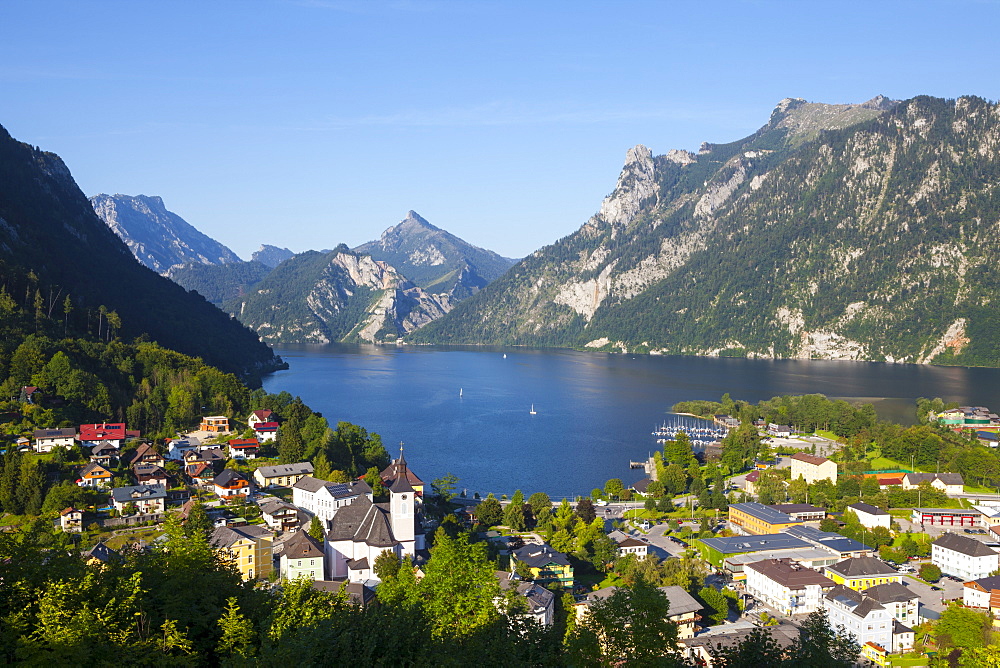 Elevated view over picturesque Ebensee, Lake Traunsee, Salzkammergut, Upper Austria, Austria, Europe