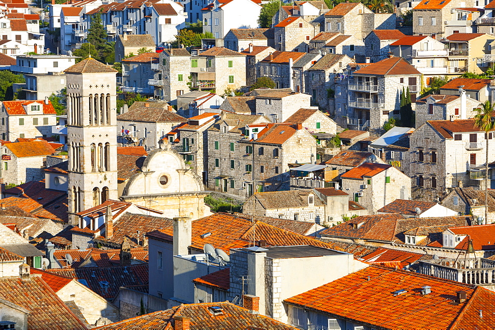 Elevated view over the picturesque harbour town of Hvar, Hvar, Dalmatia, Croatia, Europe