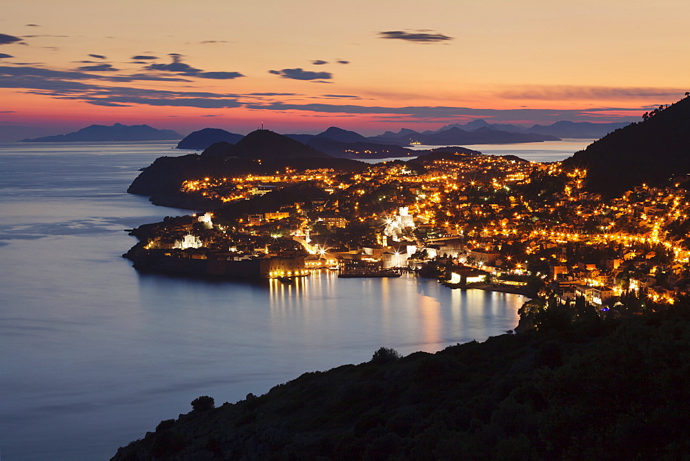 High angle view of Dubrovnik at sunset, UNESCO World Heritage Site, Dalmatia, Croatia, Europe