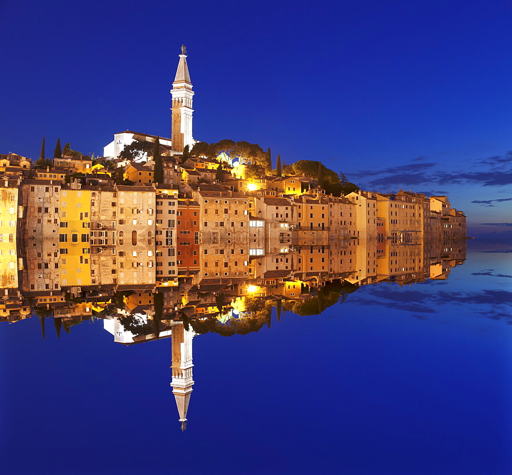 Old town with cathedral of St. Euphemia reflecting in the water at night, Istria, Croatia, Europe