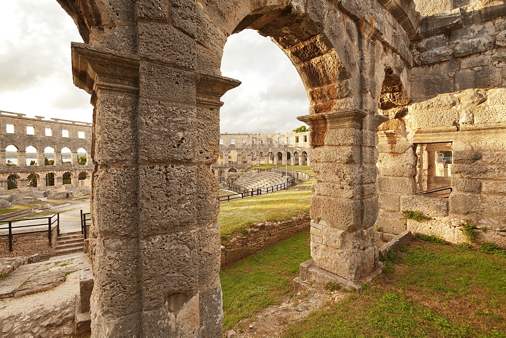 Roman amphitheatre at sunset, Pula, Istria, Croatia, Europe