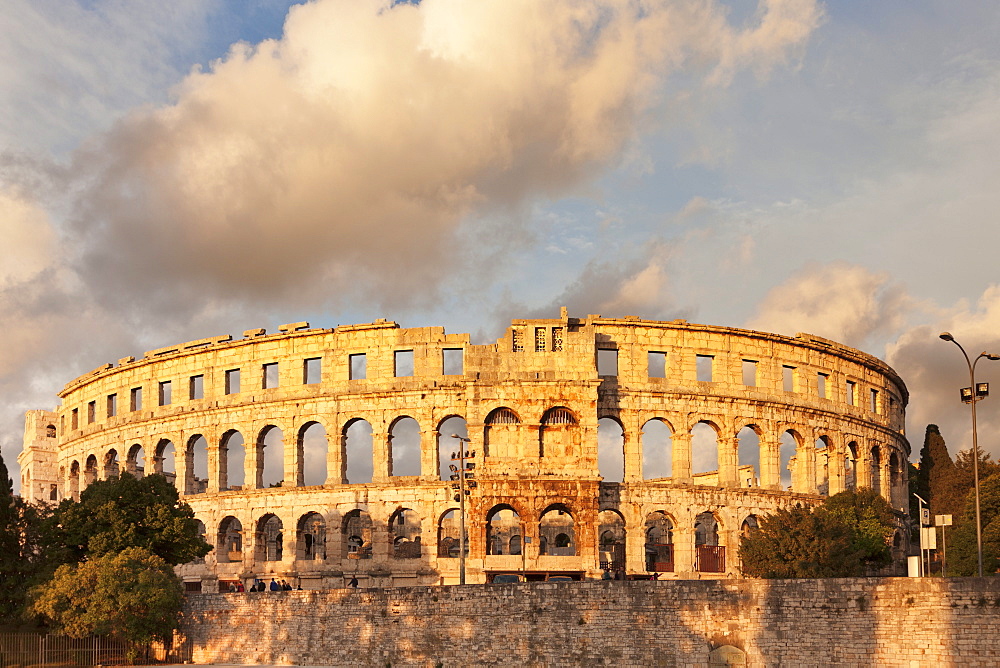 Roman amphitheatre at sunset, Pula, Istria, Croatia, Europe