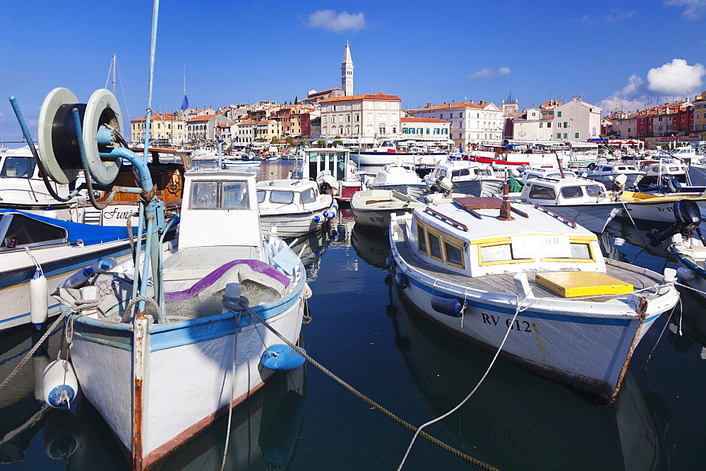 Harbour and the old town with the cathedral of St. Euphemia, Rovinj, Istria, Croatia, Adriatic, Europe