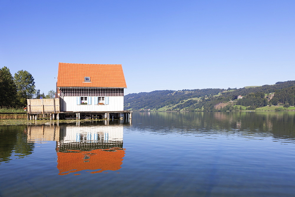 Boathouse at Lake Alpsee, Immenstadt, Allgau, Bavaria, Germany, Europe 