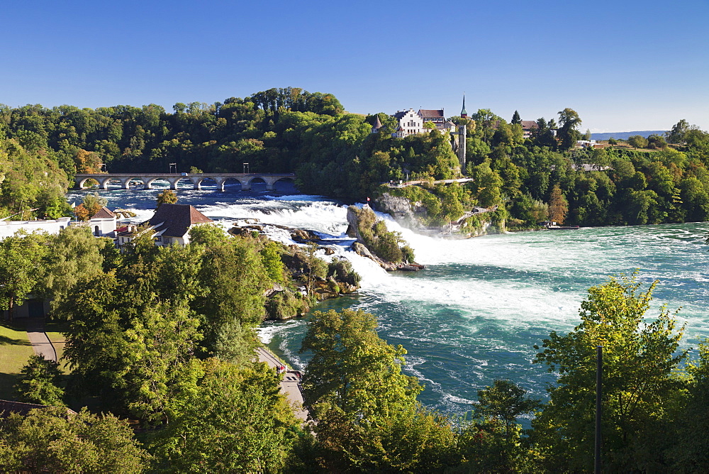 Rhine Falls (Rheinfall) waterfalls with Schloss Laufen castle, Neuhausen near Schaffhausen, Canton Schaffhausen, Switzerland, Europe