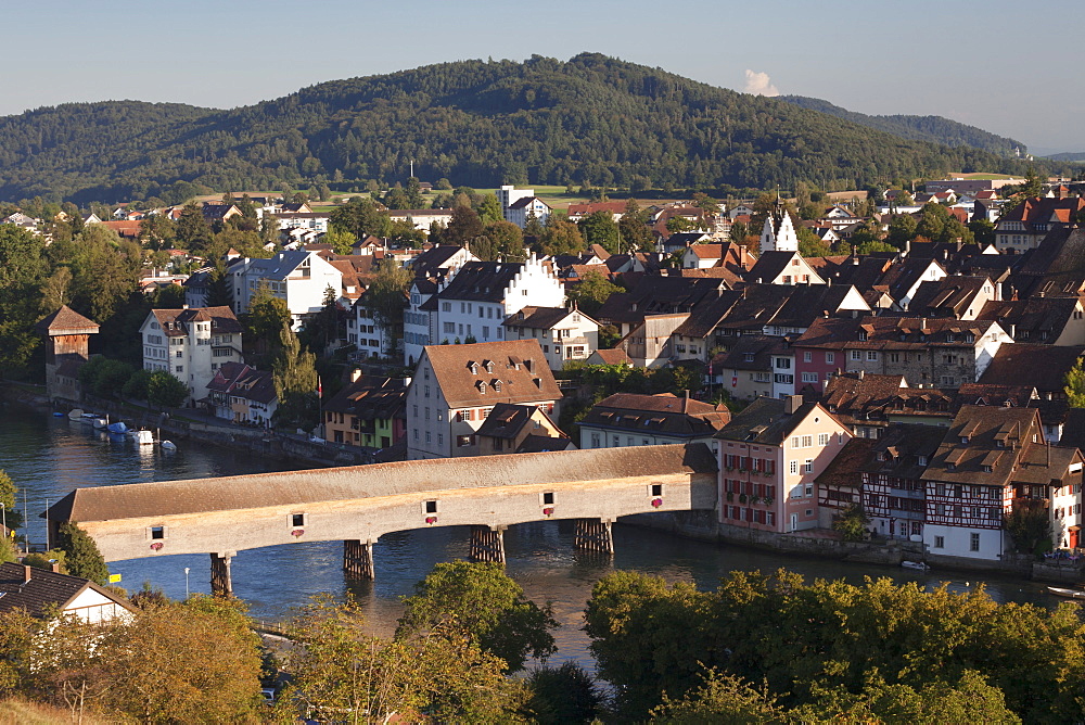 View over Diessenhofen with historic wooden bridge, Canton Schaffhausen, Switzerland, Europe