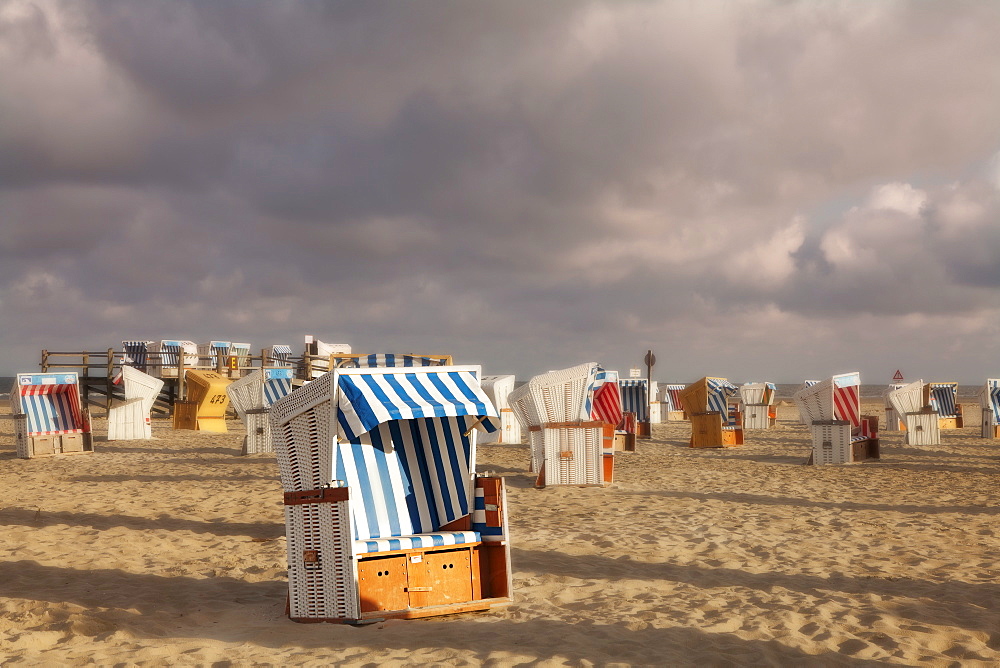 Beach chairs at the beach of Sankt Peter Ording, Eiderstedt peninsula, Schleswig Holstein, Germany, Europe 