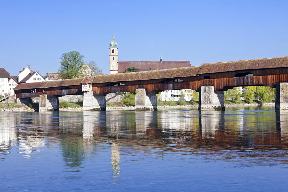 Historical wooden bridge and cathedral (Fridolinsmunster), Bad Sackingen, Black Forest, Baden Wurttemberg, Germany, Europe