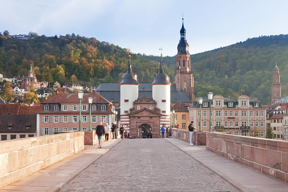 Karl Theodor Bridge with Stadttor gate and Heilig Geist Church, Heidelberg, Baden Wurttemberg, Germany, Europe