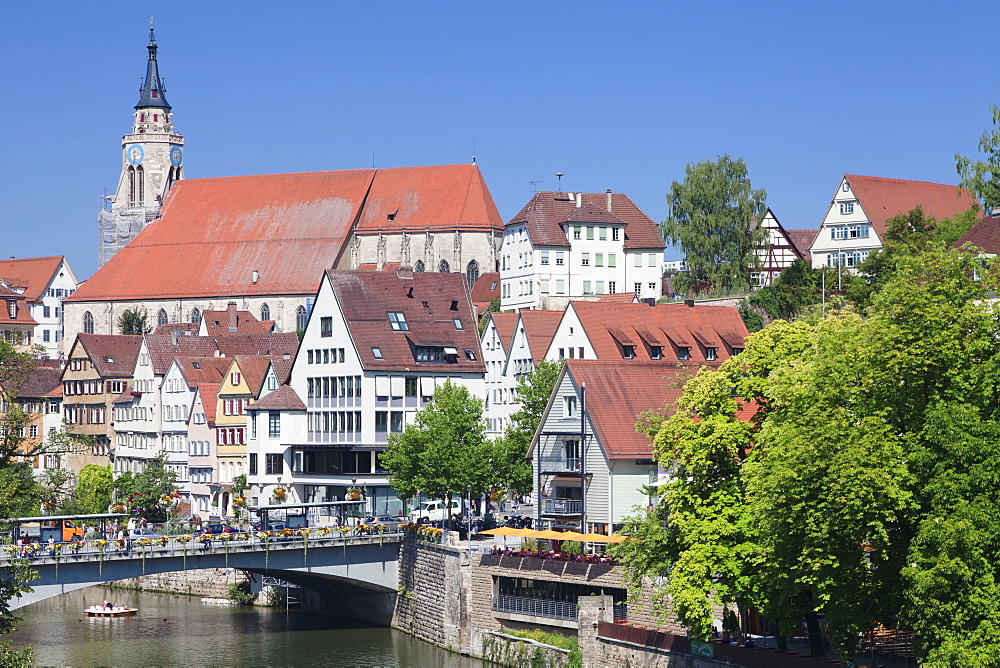 Old town with Stiftskirche Church and the Neckar River, Tubingen, Baden Wurttemberg, Germany, Europe 