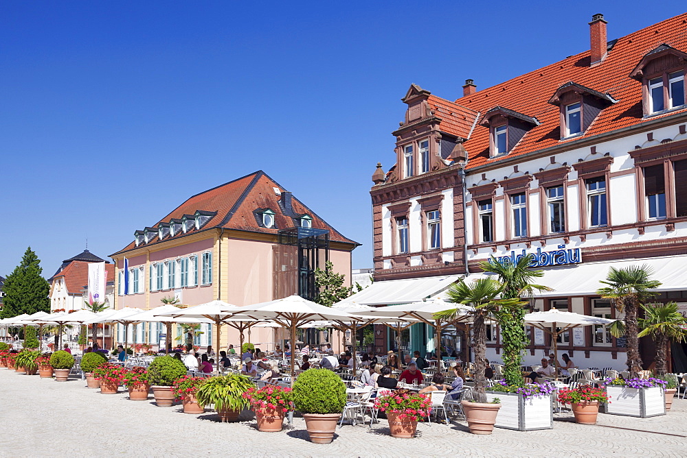 Street cafe and Palais Hirsch, Schwetzingen, Rhein-Neckar-Kreis, Baden Wurttemberg, Germany, Europe