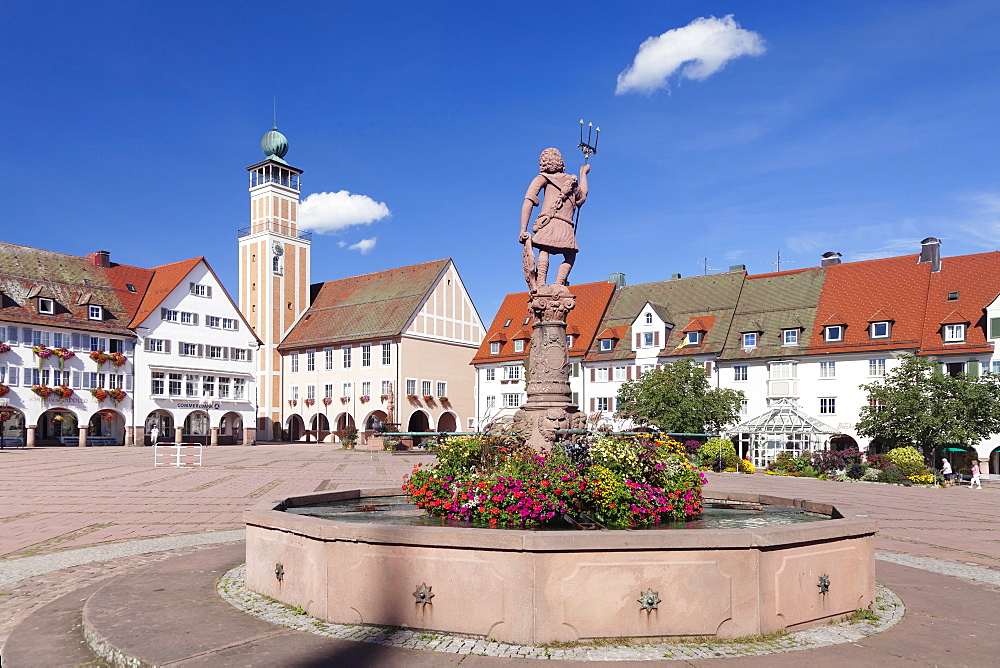 Neptun Fountain, Town Hall, market place, Freudenstadt, Black Forest, Baden Wurttemberg, Germany, Europe