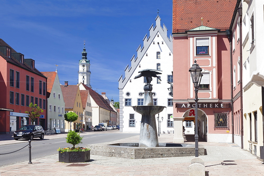 Reichsstattbrunnen fountain and Pilgrimage church Heilig Kreuz, Donauworth, Romantic Road, Bavarian Swabia, Bavaria, Germany, Europe