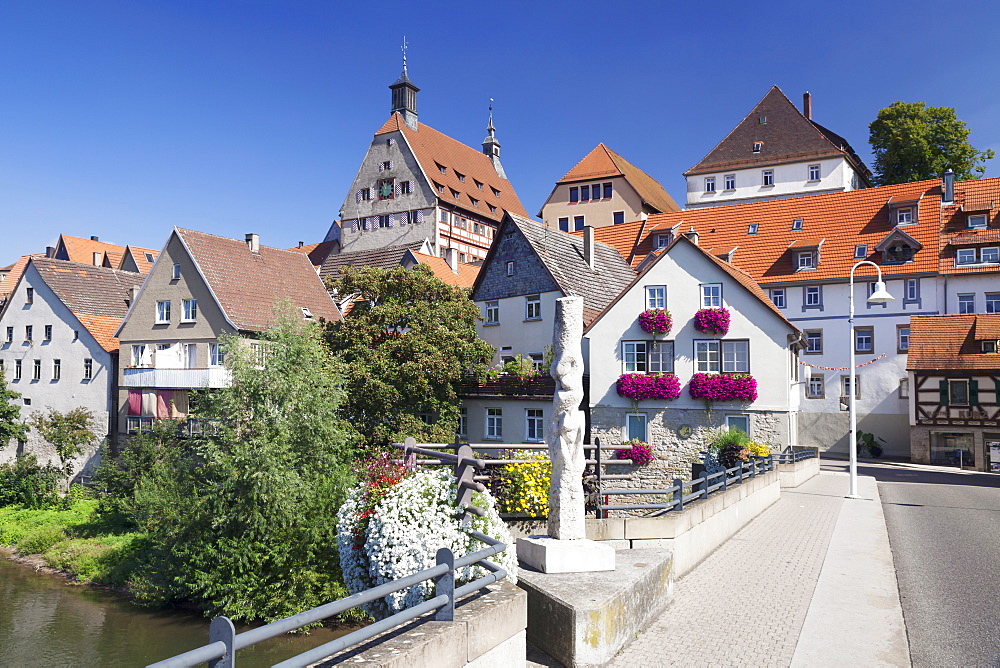 View over River Enz at the Old Town with Town Hall, Besigheim, Ludwigsburg District, Baden Wurttemberg, Germany, Europe