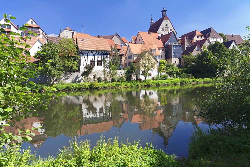 View over River Enz at the Old Town with Town Hall, Besigheim, Ludwigsburg District, Baden Wurttemberg, Germany, Europe