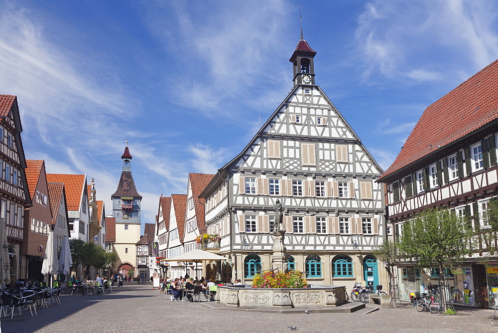 Town Hall, Marktbrunnen Fountain, Schwaikhaimer Torturm Tower, Winnenden, Rems-Murr Disrict, Baden Wurttemberg, Germany, Europe