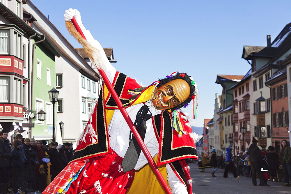 Man in traditional costume (Federahannes), Narrensprung, traditional carnival, Rottweiler Fasnet, Rottweil, Black Forest, Baden Wurttemberg, Germany, Europe 