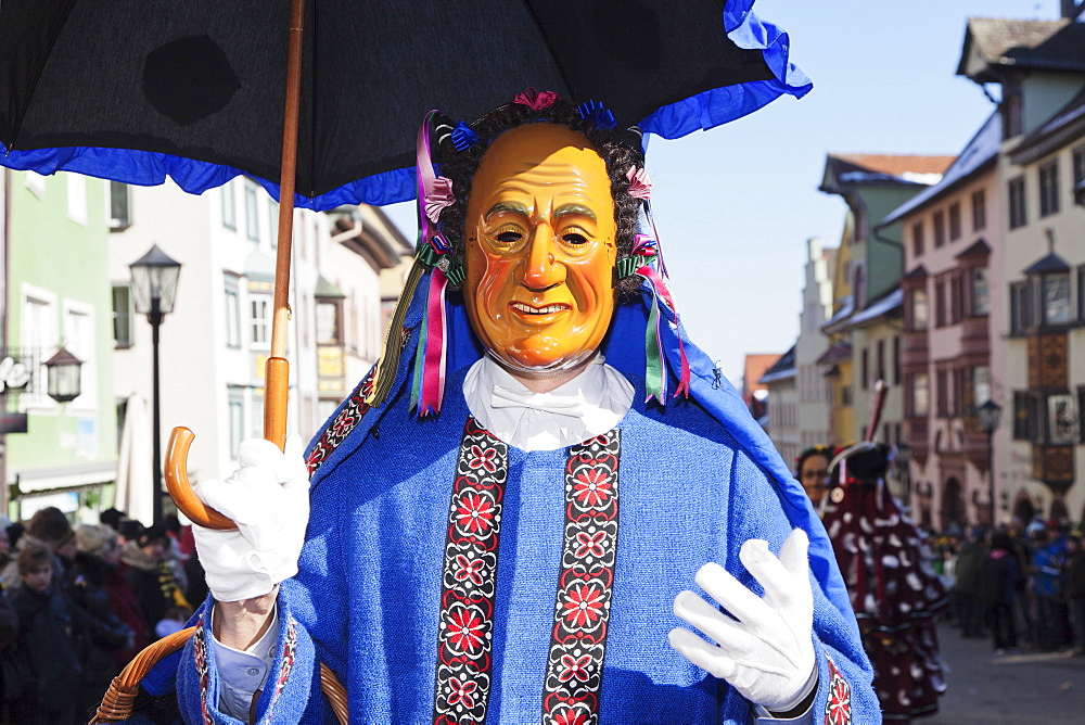 Man in traditional costume (Schantle), Narrensprung, traditional carnival, Rottweiler Fasnet, Rottweil, Black Forest, Baden Wurttemberg, Germany, Europe 