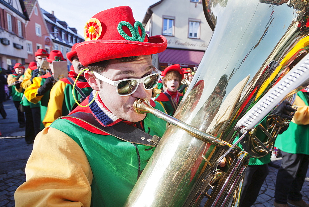 Trombonist, traditional carnival, Gengenbach Fasend, Black Forest, Baden Wurttemberg, Germany, Europe 