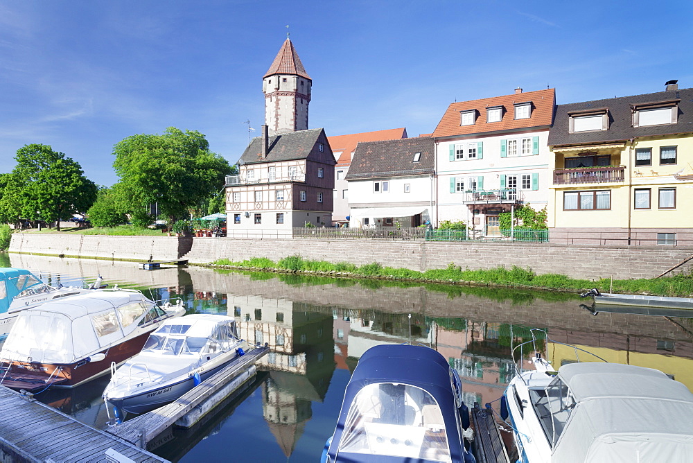 Spitzer Turm Tower, Tauber River, old town of Wertheim, Main Tauber District, Baden Wurttemberg, Germany, Europe